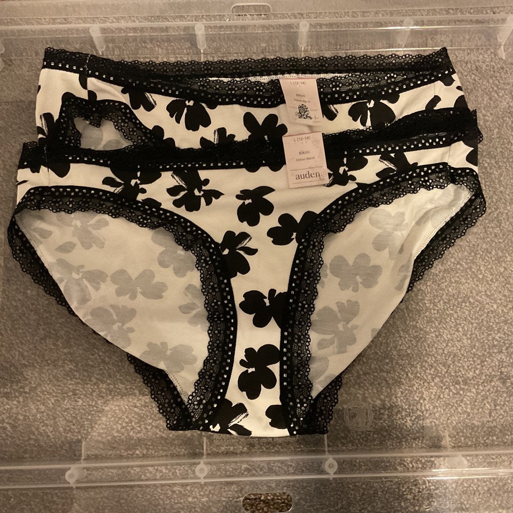 Auden Womens 2 Pack Bikini Panties Black White Floral Lace Trim Size L 12-14